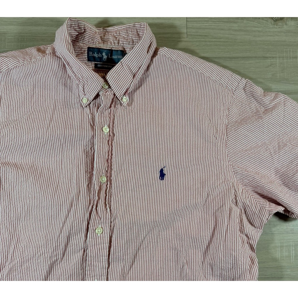 VTG  Polo Ralph Lauren Pink White Striped Seersucker Short Sleeve Mens XL‎
